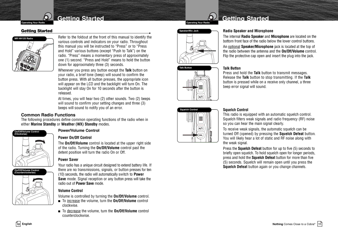 Cobra Electronics MR HH125 owner manual Getting Started, Common Radio Functions 