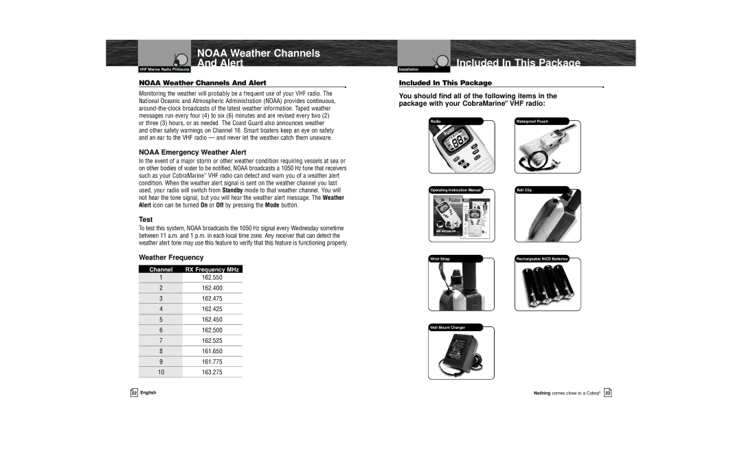 Cobra Electronics MR HH200 VP owner manual Noaa Weather Channels Alert, Included In This Package 