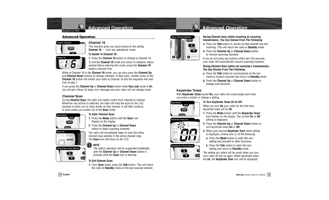 Cobra Electronics MR HH200 VP owner manual Advanced Operation, Channel Scan, Keystroke Tones 