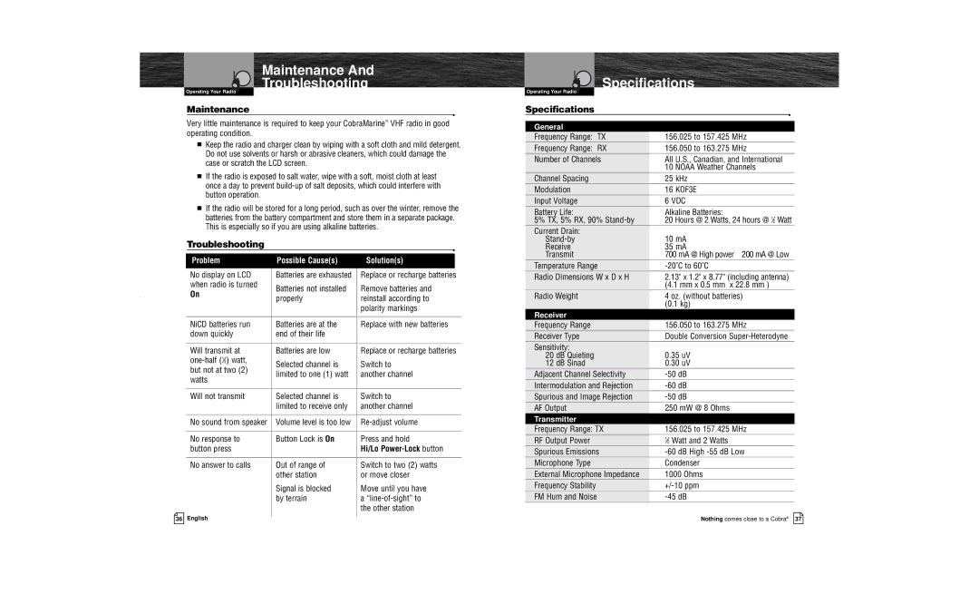 Cobra Electronics MR HH200 VP owner manual Maintenance Troubleshooting, Specifications, Hi/Lo Power-Lock button 