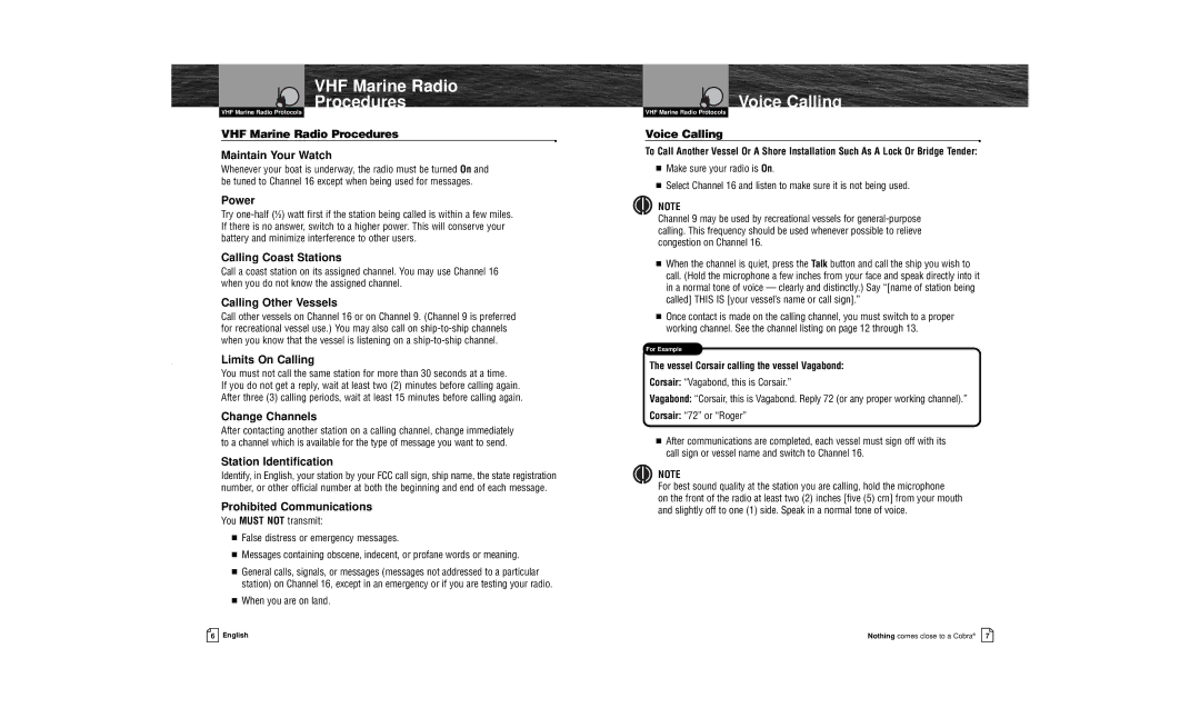 Cobra Electronics MR HH200 VP owner manual VHF Marine Radio Procedures Voice Calling 