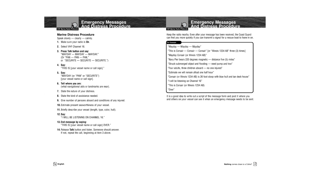 Cobra Electronics MR HH200 VP owner manual Marine Distress Procedure, Say, Tell where you are, End message by saying 