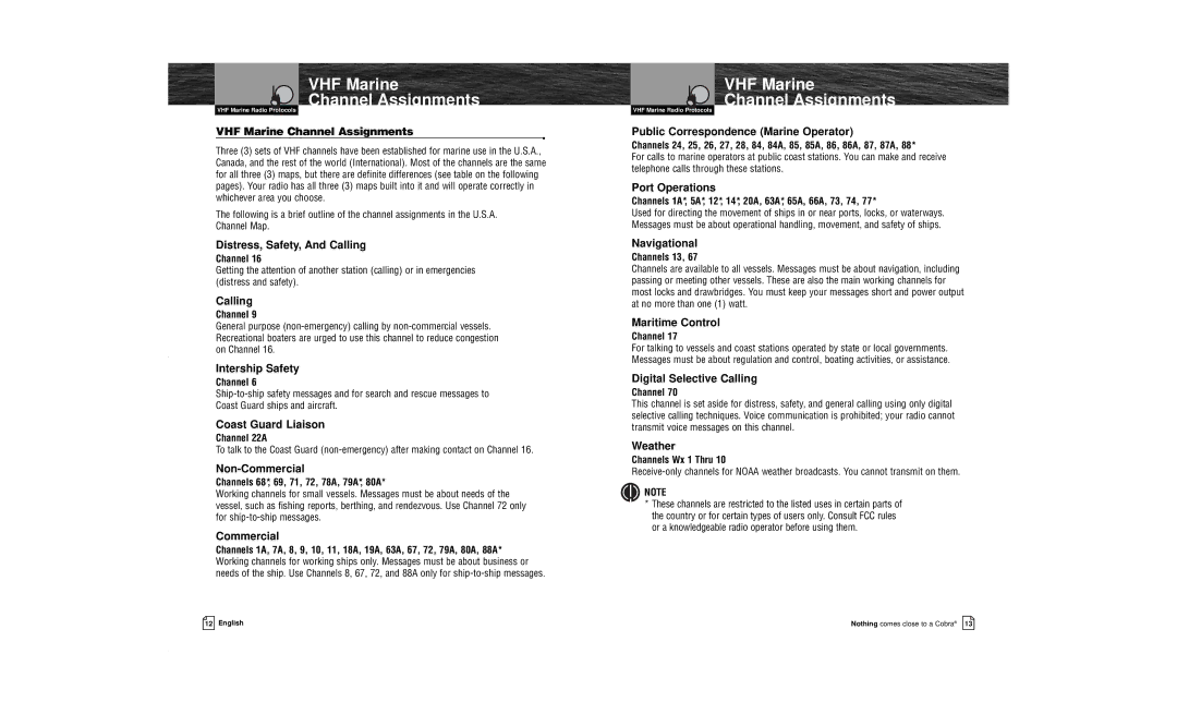 Cobra Electronics MR HH200 VP owner manual VHF Marine Channel Assignments 