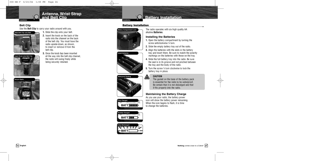 Cobra Electronics MR HH300 EU owner manual Antenna, Wrist Strap Belt Clip, Battery Installation, Installing the Batteries 