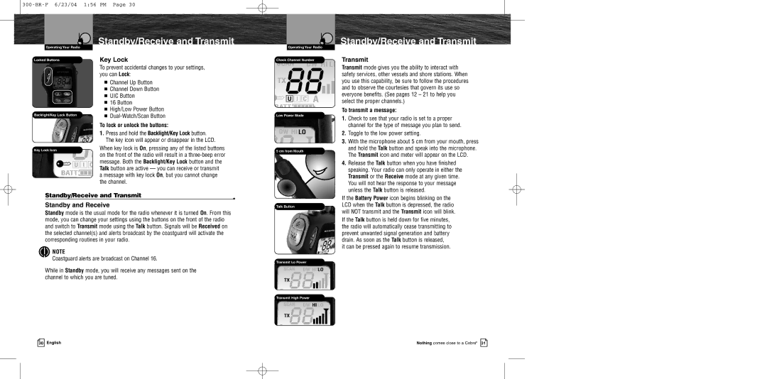 Cobra Electronics MR HH300 EU owner manual Standby/Receive and Transmit, Key Lock, Standby and Receive 