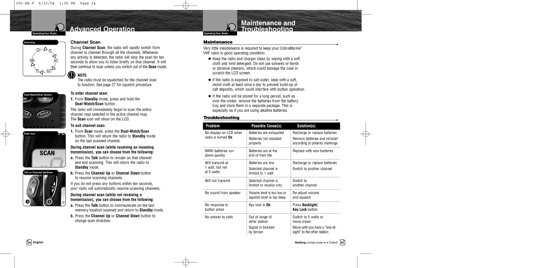 Cobra Electronics MR HH300 EU owner manual Maintenance Troubleshooting, Channel Scan, Problem Possible Causes Solutions 