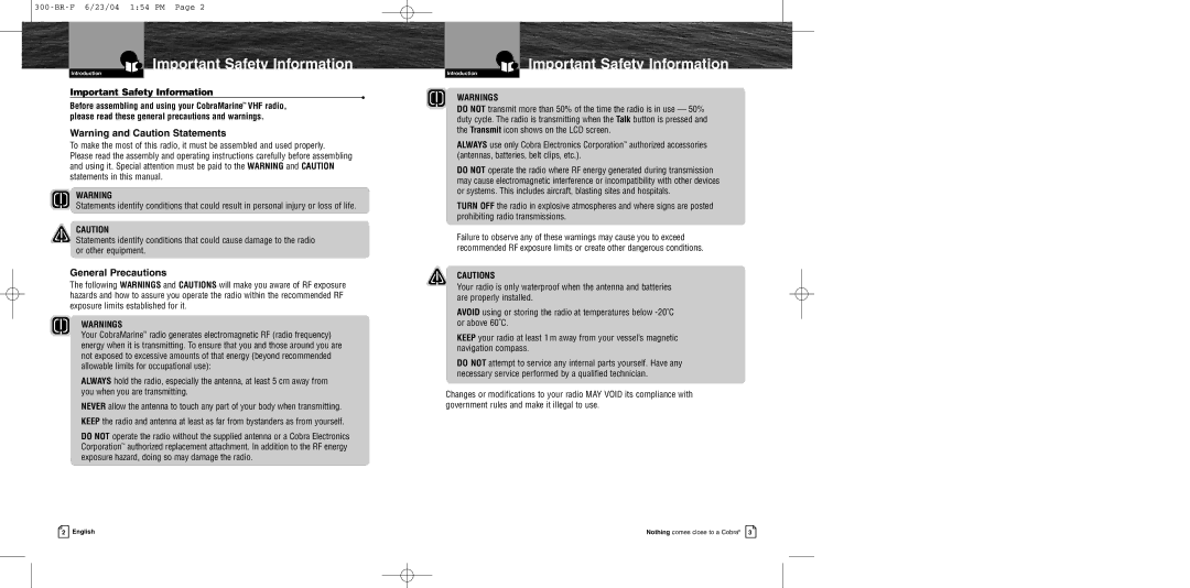 Cobra Electronics MR HH300 EU owner manual Important Safety Information, General Precautions 