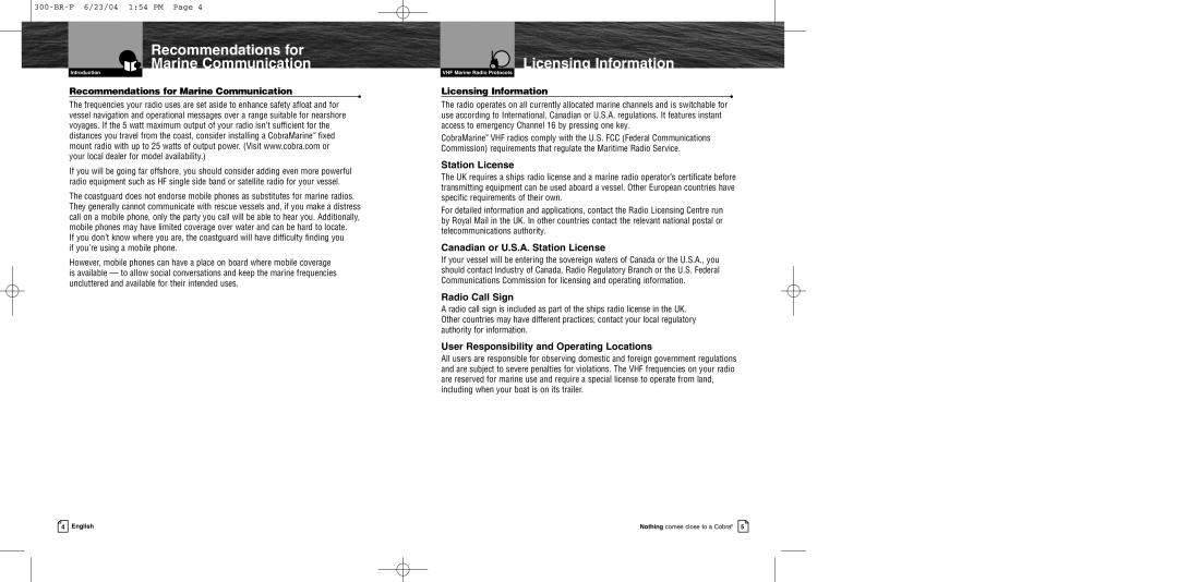 Cobra Electronics MR HH300 EU owner manual Recommendations for Marine Communication, Licensing Information 