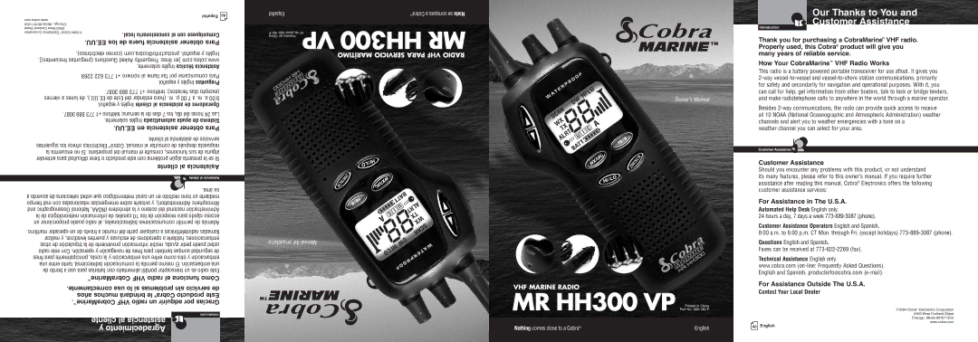 Cobra Electronics MR HH300 VP warranty Cliente al asistencia, Agradecimiento 