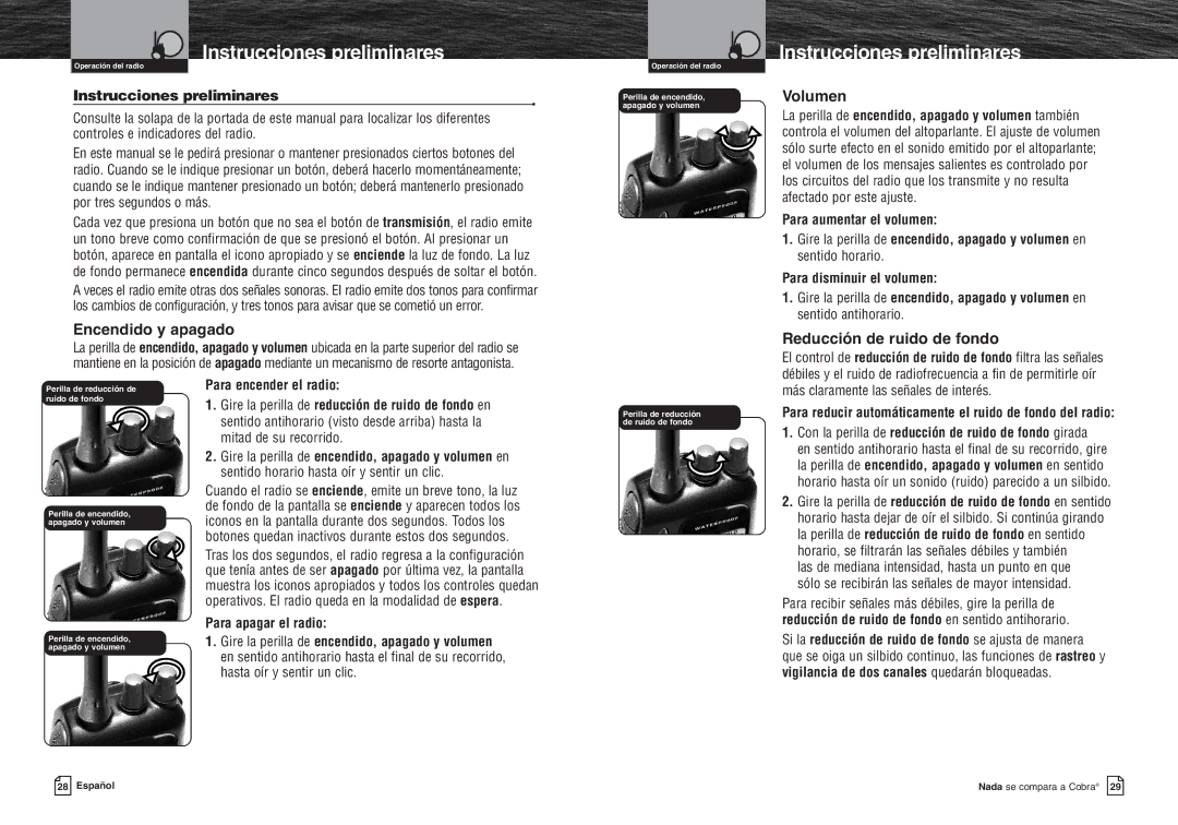 Cobra Electronics MR HH300 VP warranty Operación del radio Instrucciones preliminares, Encendido y apagado, Volumen 