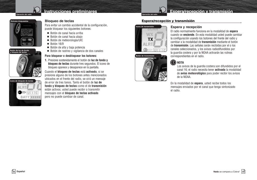 Cobra Electronics MR HH300 VP warranty Espera/recepción y transmisión, Bloqueo de teclas, Espera y recepción 