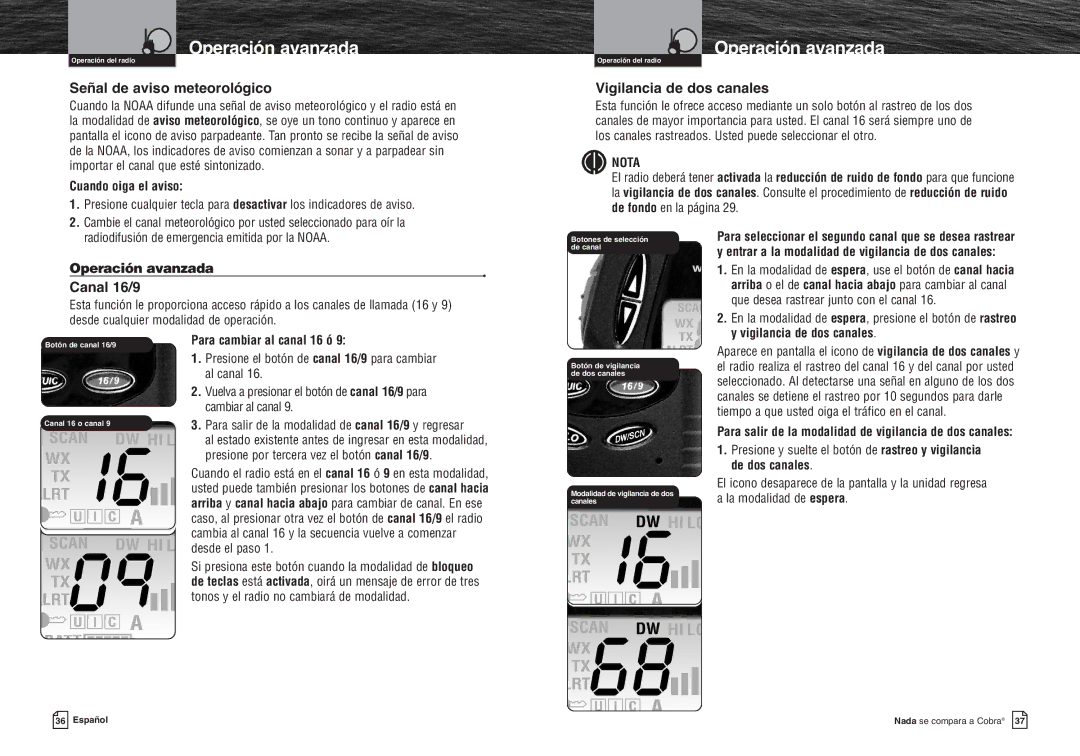 Cobra Electronics MR HH300 VP Señal de aviso meteorológico, Vigilancia de dos canales, Canal 16/9, Operación avanzada 