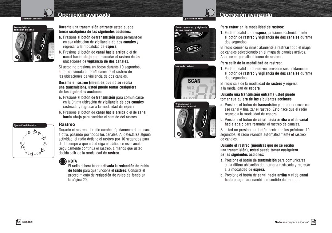 Cobra Electronics MR HH300 VP warranty Operación avanzada, Rastreo, Para entrar en la modalidad de rastreo 