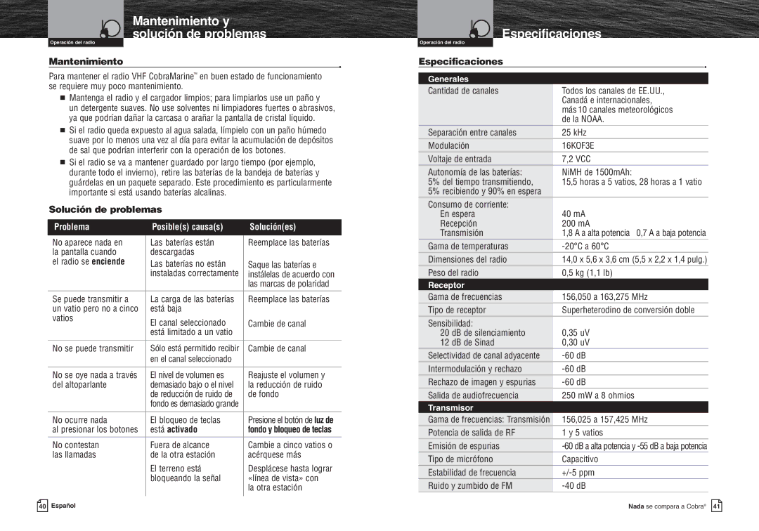 Cobra Electronics MR HH300 VP warranty Mantenimiento y, Solución de problemas, Especificaciones 