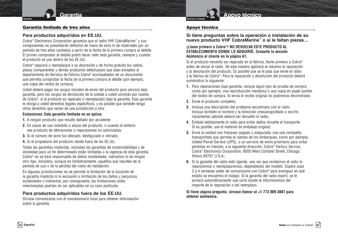 Cobra Electronics MR HH300 VP warranty Apoyo técnico, Para productos adquiridos en EE.UU, Garantía limitada de tres años 