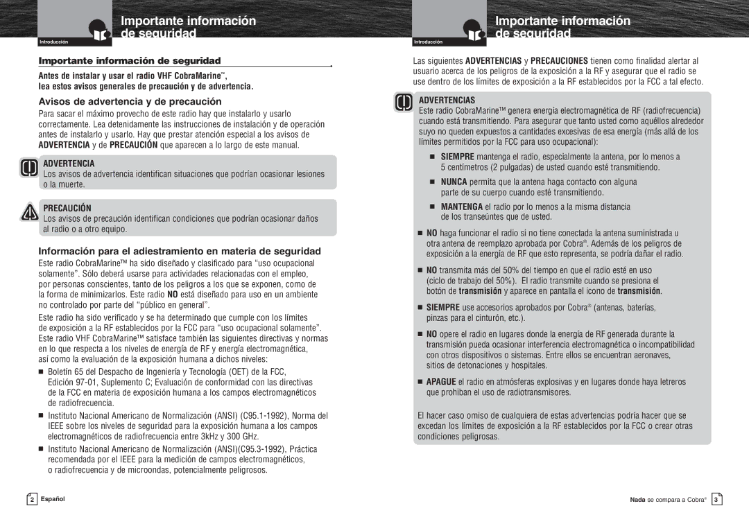 Cobra Electronics MR HH300 VP warranty Importante información De seguridad, Importante información de seguridad 