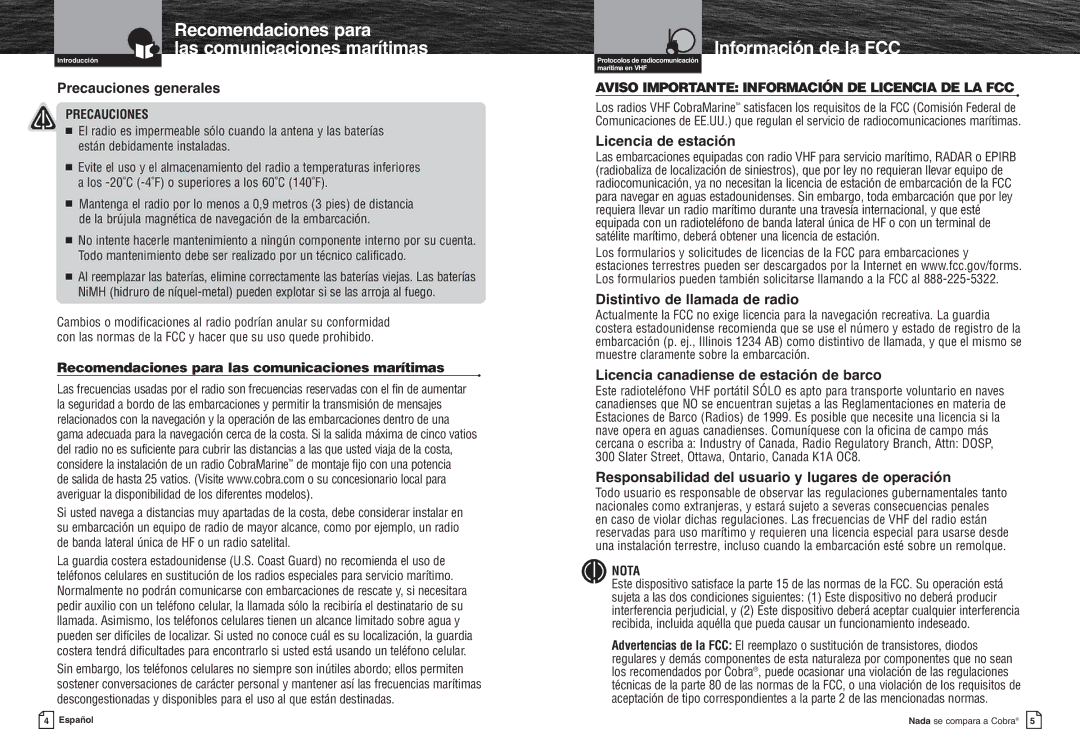 Cobra Electronics MR HH300 VP warranty Recomendaciones para, Las comunicaciones marítimas 