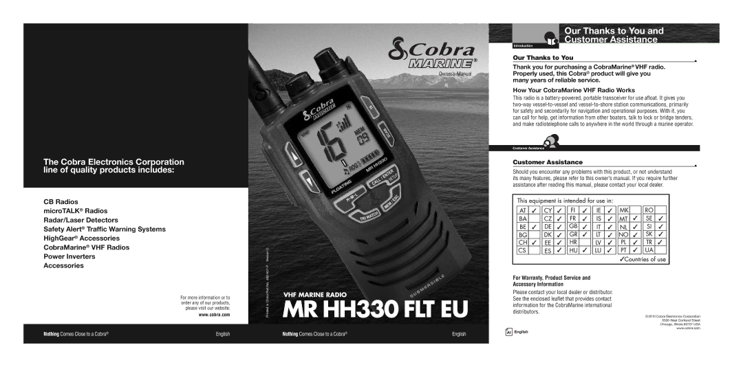 Cobra Electronics MR HH330 FLT EU owner manual Our Thanks to You Customer Assistance 