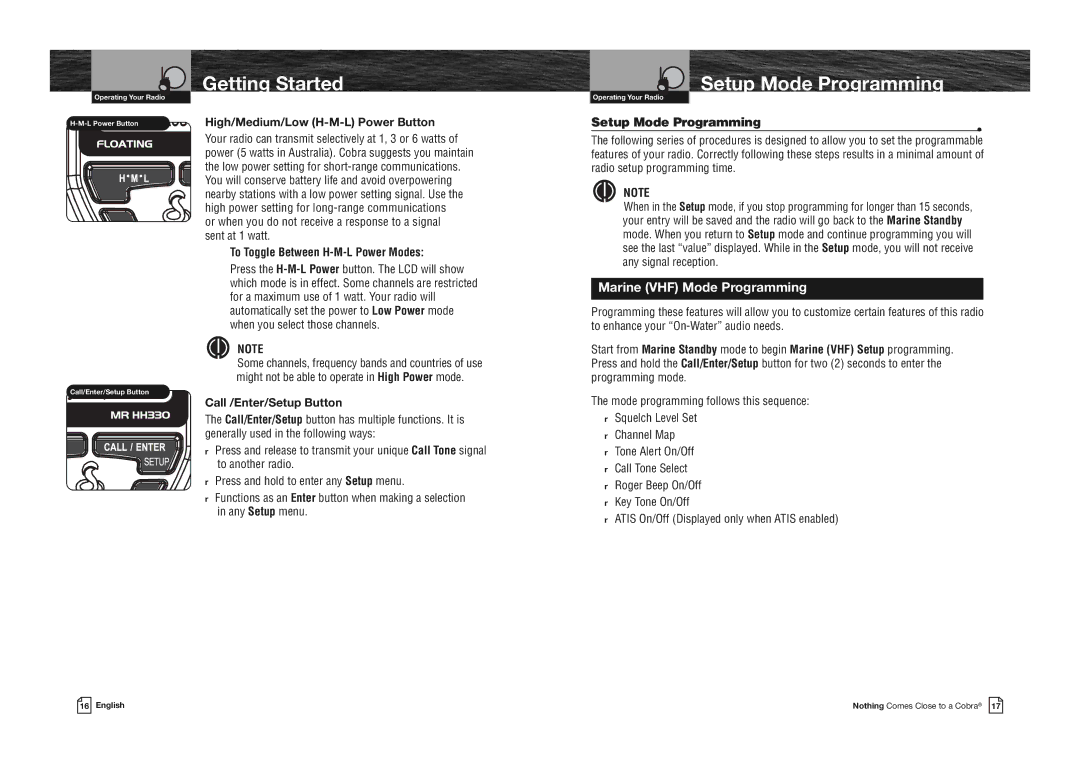 Cobra Electronics MR HH330 FLT EU Setup Mode Programming, High/Medium/Low H-M-L Power Button, Call /Enter/Setup Button 