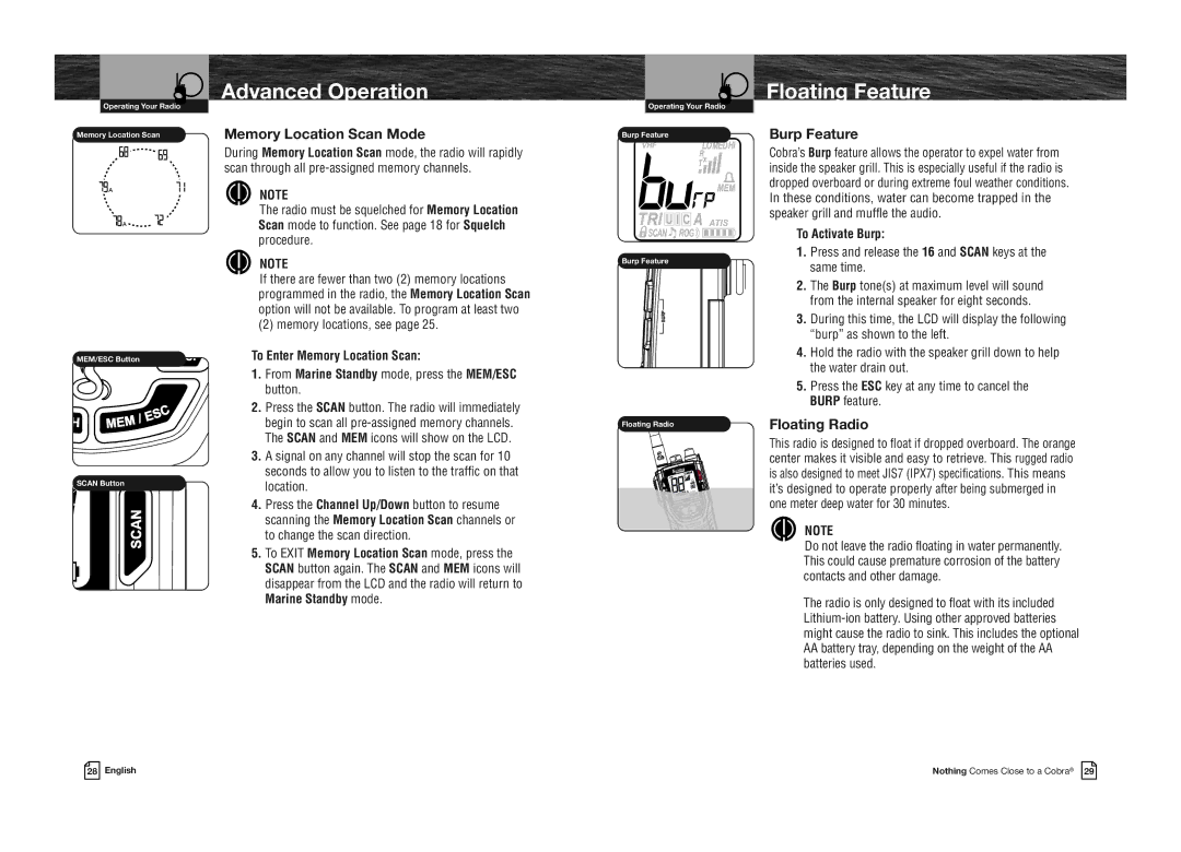 Cobra Electronics MR HH330 FLT EU owner manual Floating Feature, Memory Location Scan Mode, Burp Feature, Floating Radio 