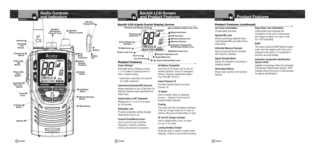 Cobra Electronics MR HH330 FLT EU owner manual Radio Controls Indicators, Backlit LCD Screen Product Features 