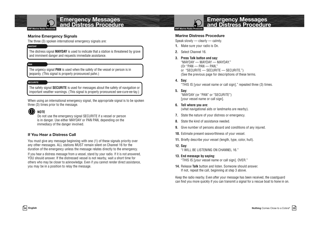 Cobra Electronics MR HH330 FLT EU owner manual Emergency Messages Distress Procedure, Marine Emergency Signals 