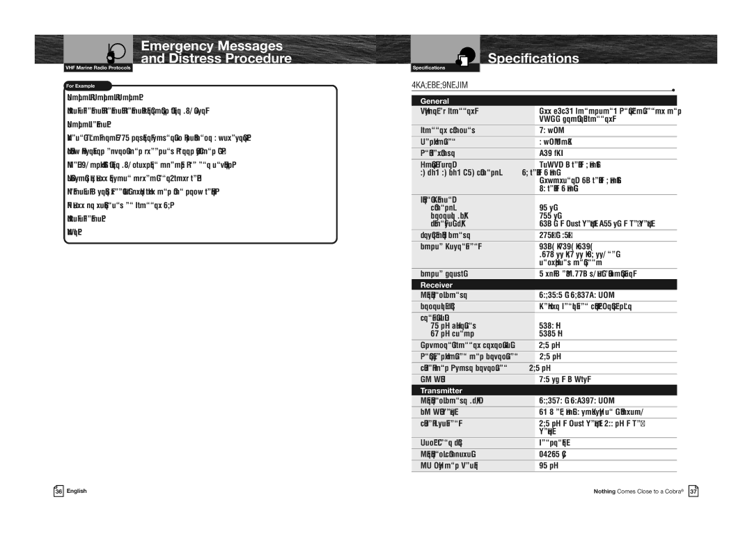 Cobra Electronics MR HH330 FLT EU owner manual Emergency Messages and Distress Procedure, Specifications 