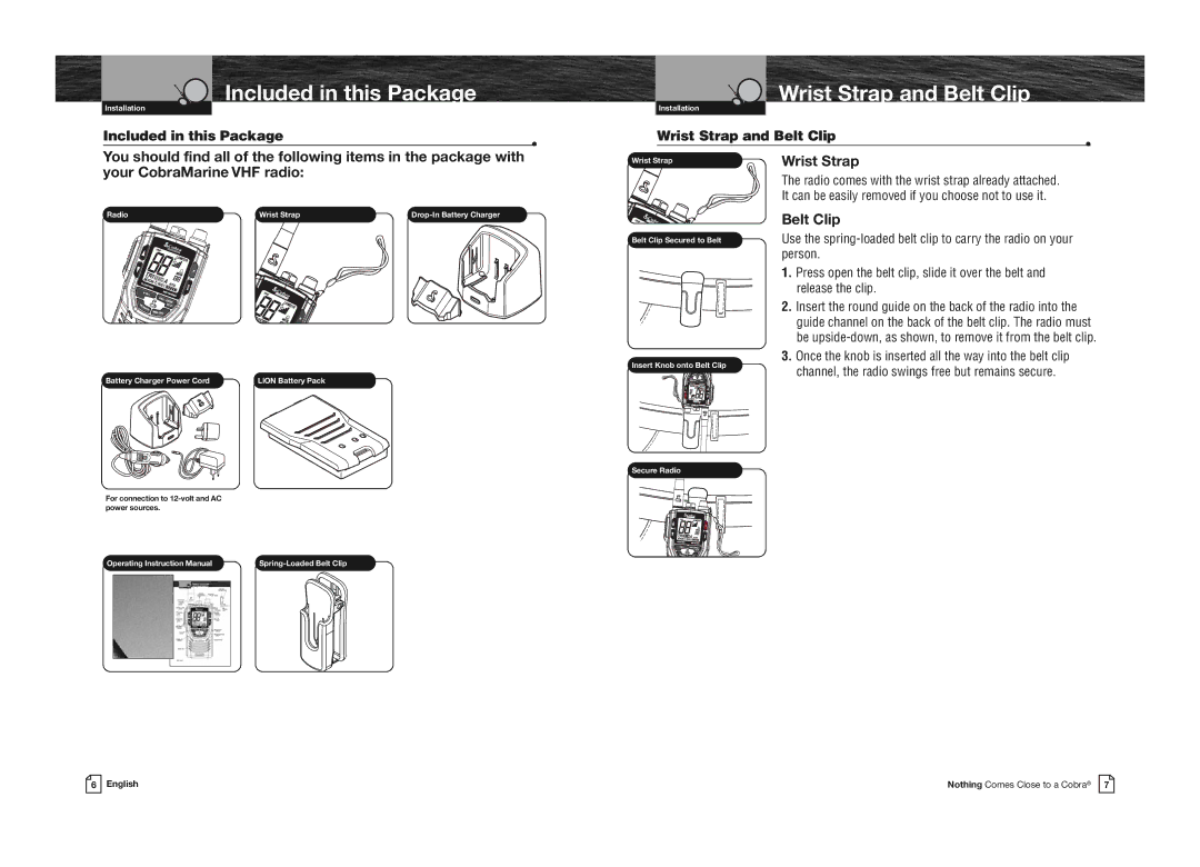 Cobra Electronics MR HH330 FLT EU owner manual Included in this Package, Wrist Strap and Belt Clip 