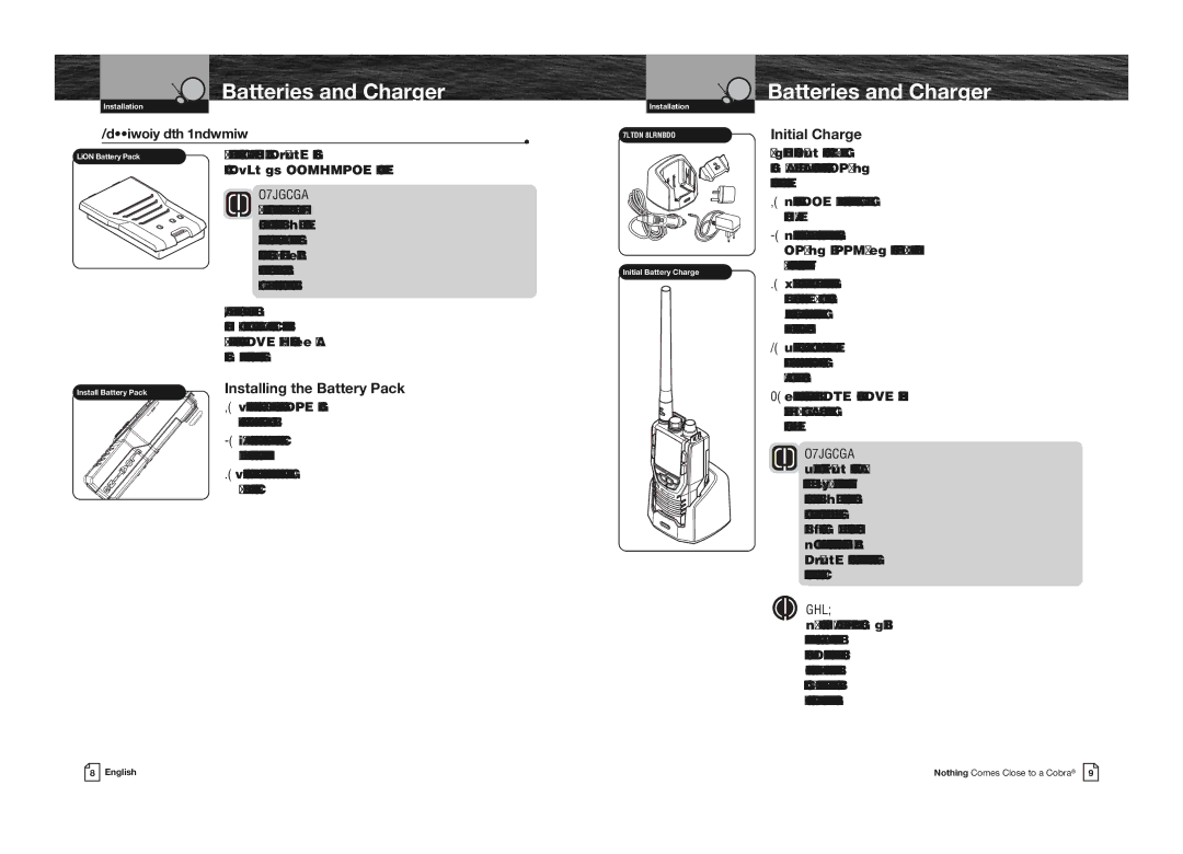 Cobra Electronics MR HH330 FLT EU owner manual Batteries and Charger, Installing the Battery Pack, Initial Charge 