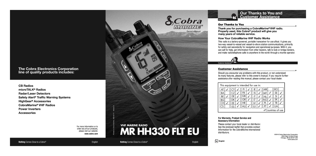 Cobra Electronics MR HH330 FLT EU owner manual Our Thanks to You and Customer Assistance, Vhf Marine Radio, English 