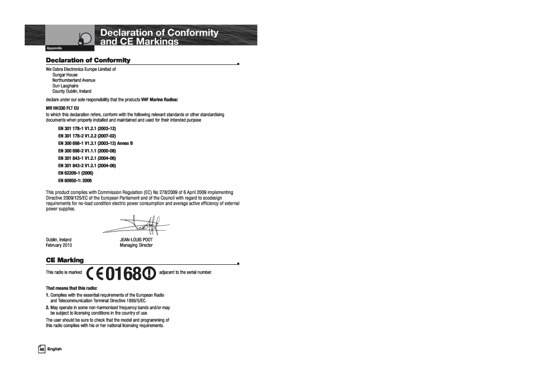 Cobra Electronics MR HH330 FLT EU owner manual Declaration of Conformity and CE Markings, 0168 