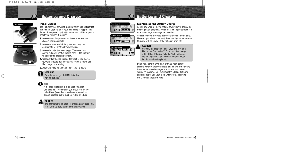 Cobra Electronics MR HH400 EU owner manual Initial Charge, Maintaining the Battery Charge 