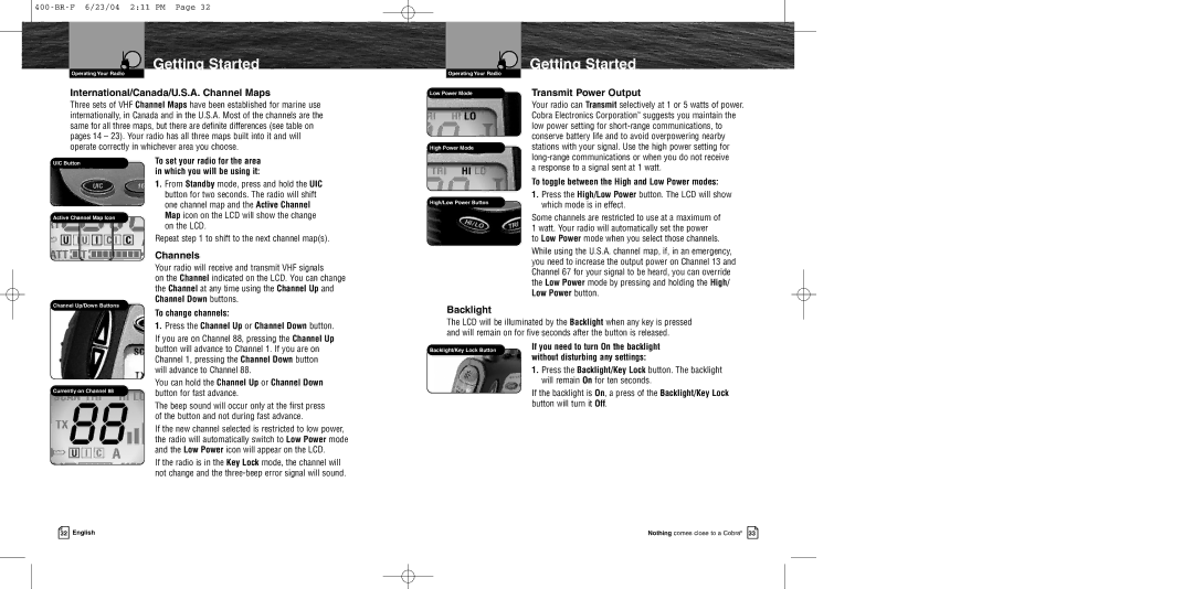 Cobra Electronics MR HH400 EU International/Canada/U.S.A. Channel Maps, Transmit Power Output, Channels, Backlight 