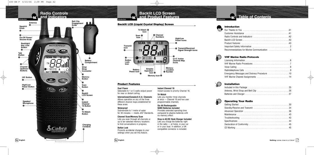 Cobra Electronics MR HH400 EU owner manual Radio Controls and Indicators, Table of Contents 