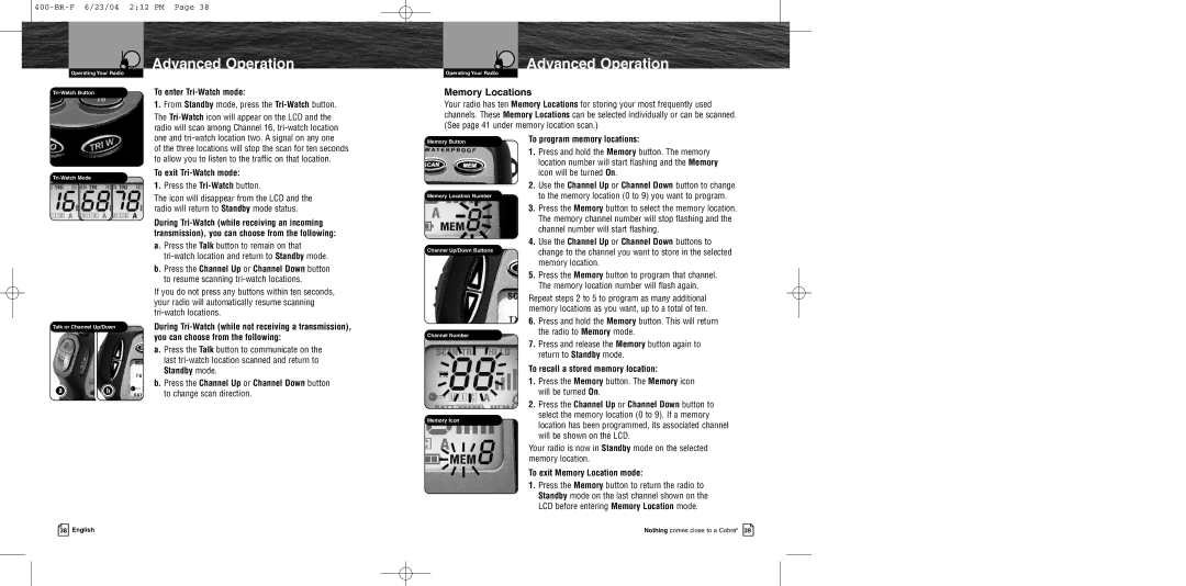 Cobra Electronics MR HH400 EU owner manual Memory Locations 