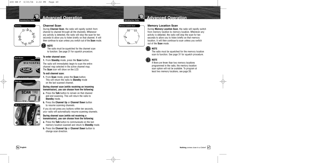 Cobra Electronics MR HH400 EU owner manual Channel Scan, Memory Location Scan, To enter channel scan, To exit channel scan 