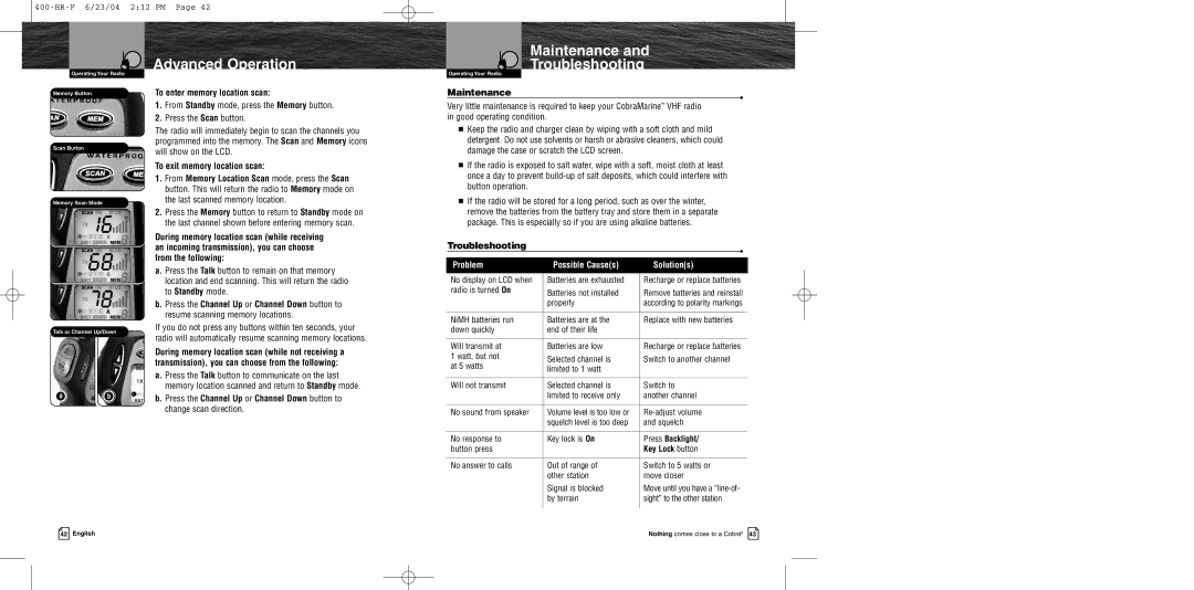 Cobra Electronics MR HH400 EU owner manual Maintenance Troubleshooting, Problem Possible Causes Solutions 