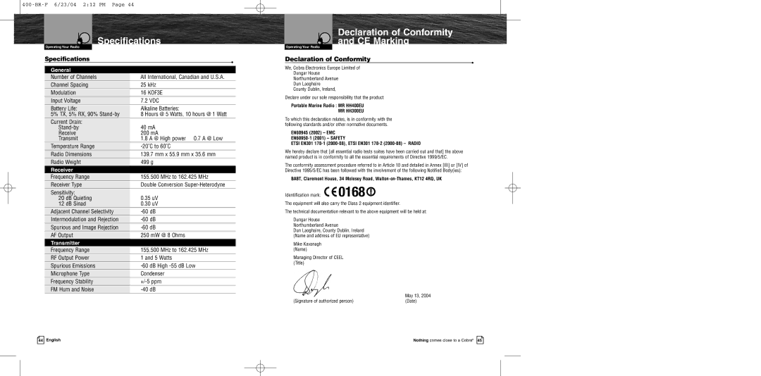 Cobra Electronics MR HH400 EU owner manual Specifications, Declaration of Conformity 