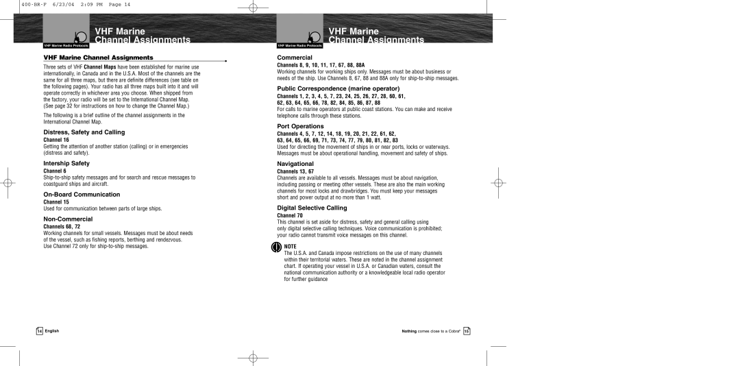 Cobra Electronics MR HH400 EU owner manual VHF Marine Channel Assignments 