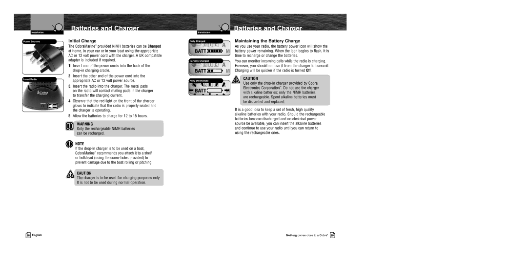 Cobra Electronics MR HH400 EU owner manual Initial Charge, Maintaining the Battery Charge 