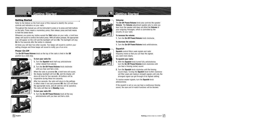 Cobra Electronics MR HH400 EU owner manual Getting Started, Power On-Off, Volume, Squelch 