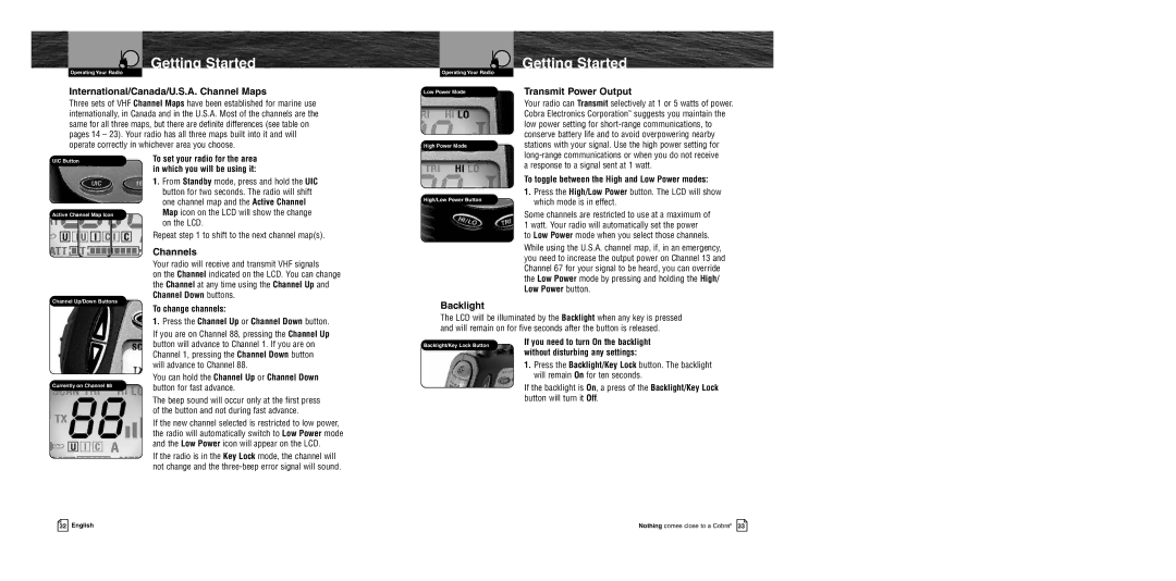 Cobra Electronics MR HH400 EU International/Canada/U.S.A. Channel Maps, Transmit Power Output, Channels, Backlight 