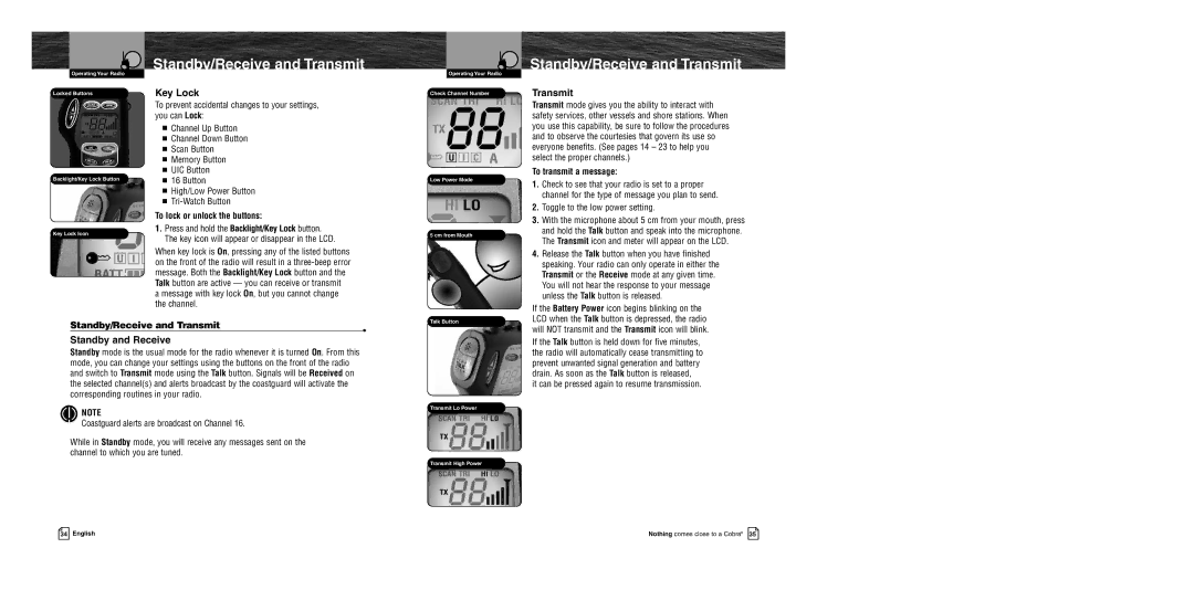 Cobra Electronics MR HH400 EU owner manual Standby/Receive and Transmit, Key Lock, Standby and Receive 