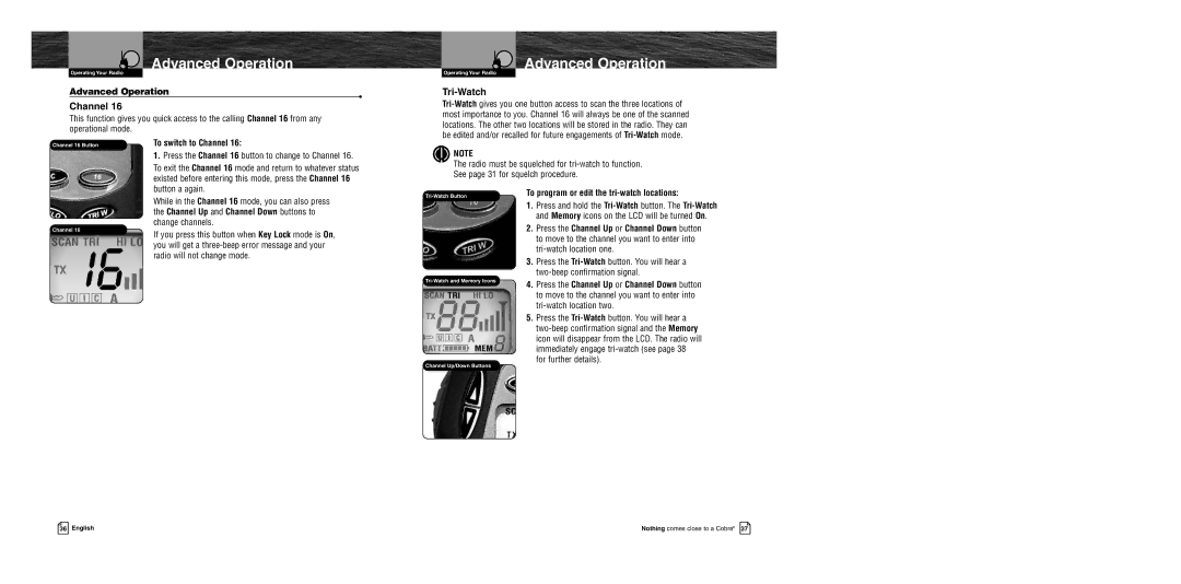 Cobra Electronics MR HH400 EU owner manual Advanced Operation, Channel, Tri-Watch 