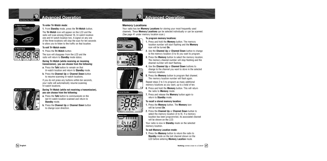 Cobra Electronics MR HH400 EU owner manual Memory Locations 