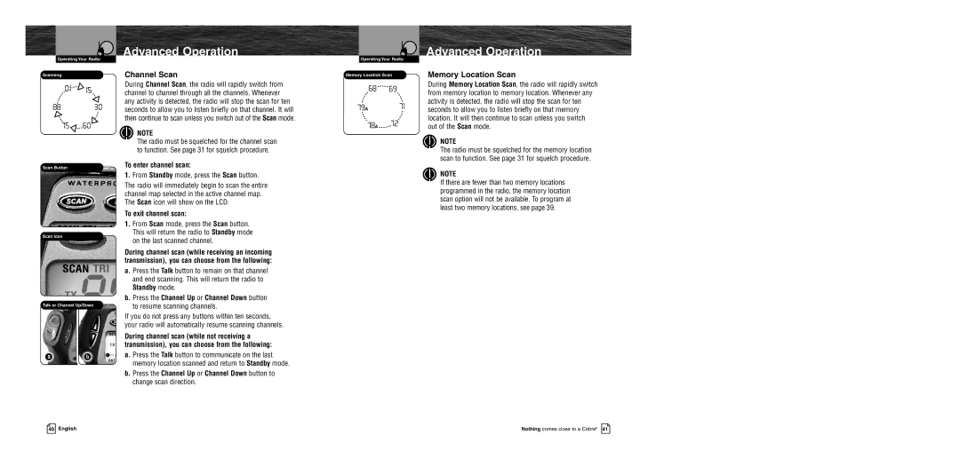 Cobra Electronics MR HH400 EU owner manual Channel Scan, Memory Location Scan, To enter channel scan, To exit channel scan 