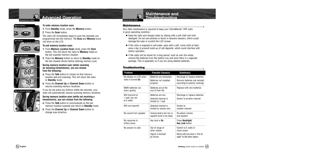 Cobra Electronics MR HH400 EU owner manual Maintenance Troubleshooting, Problem Possible Causes Solutions 