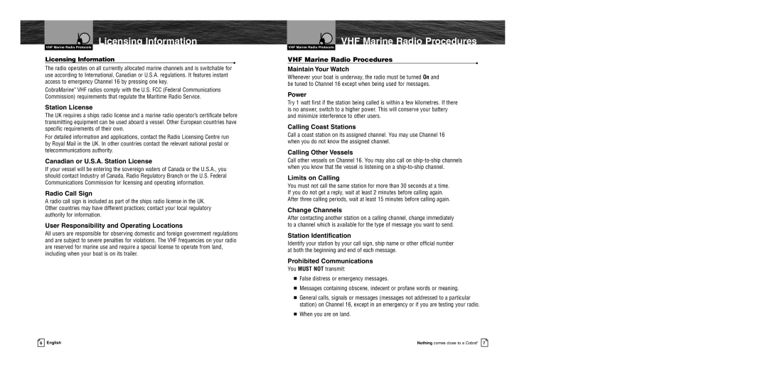 Cobra Electronics MR HH400 EU owner manual Licensing Information VHF Marine Radio Procedures 