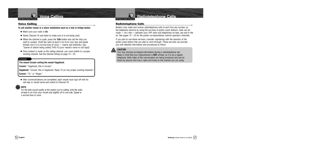 Cobra Electronics MR HH400 EU owner manual Voice Calling, Radiotelephone Calls, Vessel Corsair calling the vessel Vagabond 