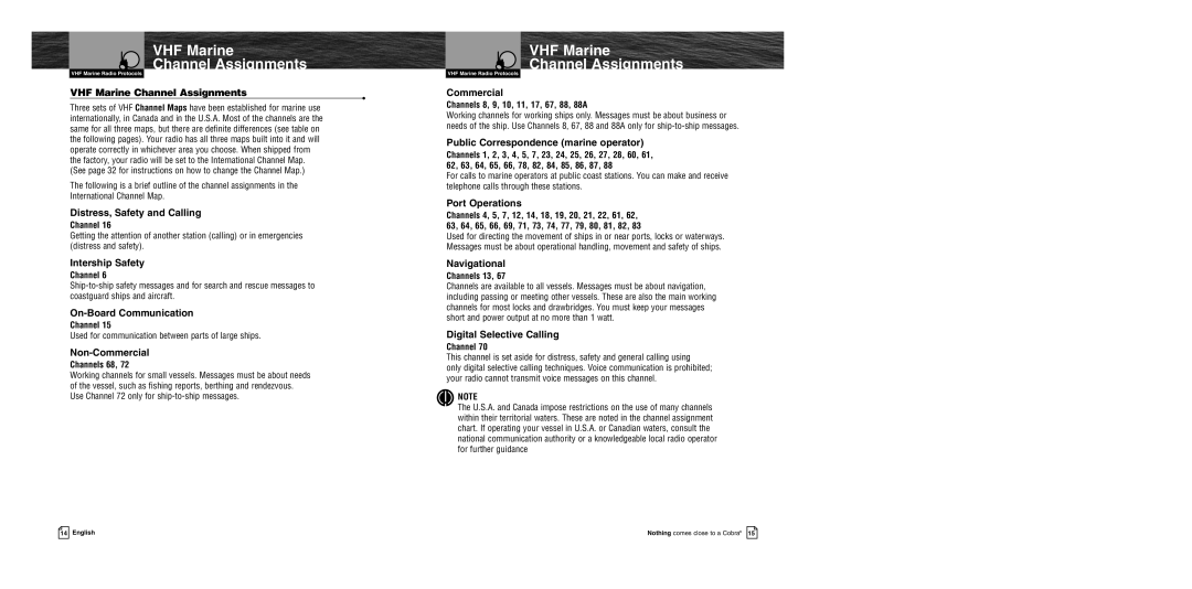 Cobra Electronics MR HH400 EU owner manual VHF Marine Channel Assignments 